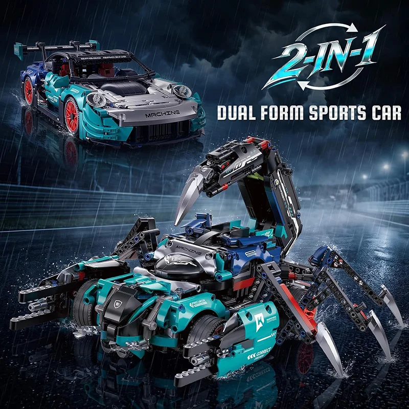 2 IN 1 Transformable Hypercar Scorpion Building Blocks 1289PCS Dual Form DIY Assembly Toy Racing Cars Model Sets for Kids Gifts