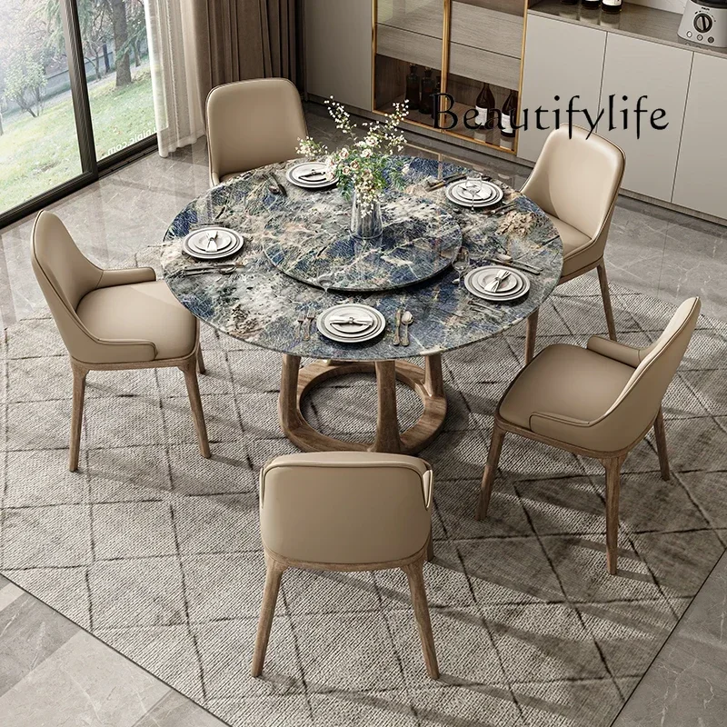 Luxury stone natural marble turntable modern simple round household dining table and chair combination round dining table