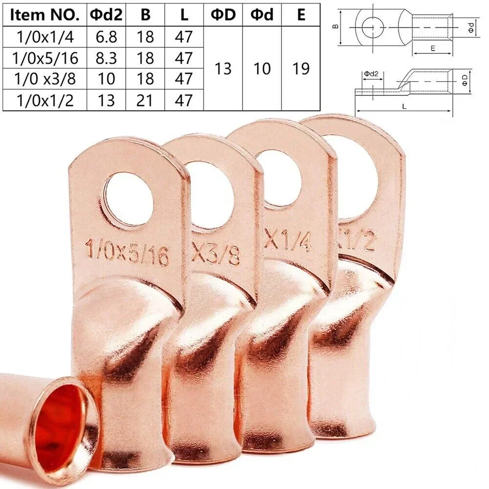 25/10Pcs 1/0 AWG Gauge Bare Copper Cable Wire Lugs Ring Crimp Terminal 3/8