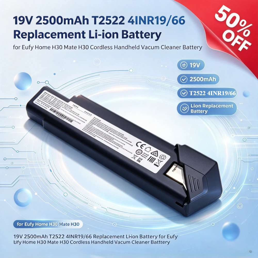 19V 2500mAh T2522 4INR19/66 Replacement Li-ion Battery for Eufy Home H30 Mate H30 Cordless Handheld Vacuum Cleaner Battery