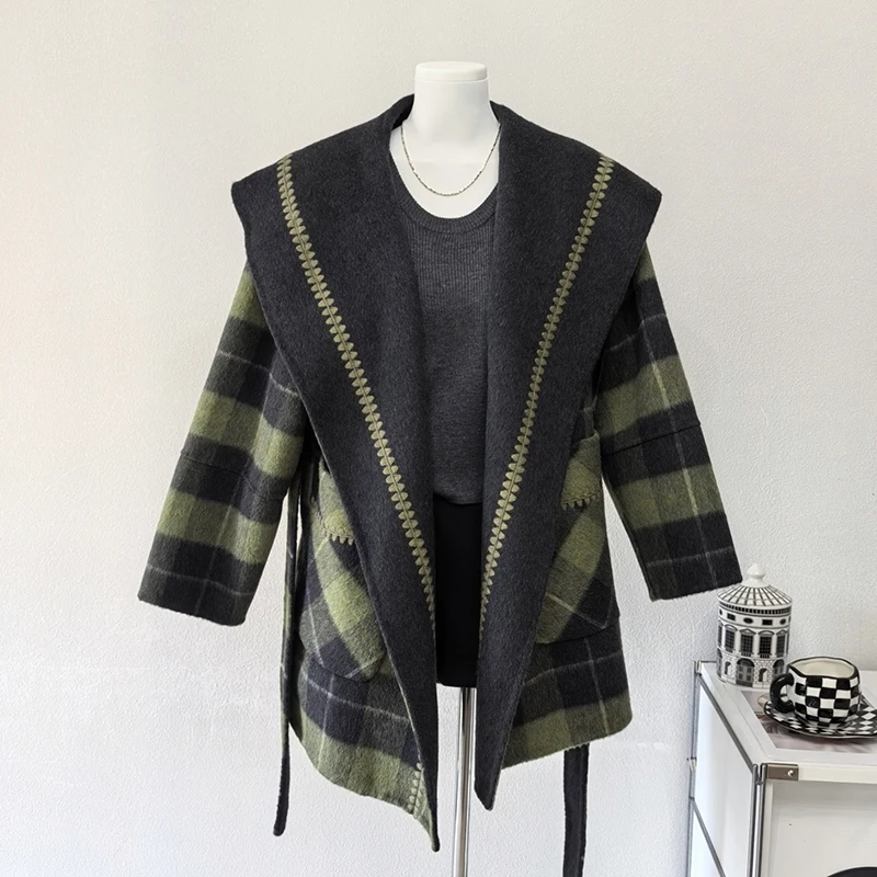 

Green Chckered Pockets Woolen Overcoat Women Vintage Long Sleeve Lace-up Bandage Coats OL Office Ladies Winter Autumn Overcoat