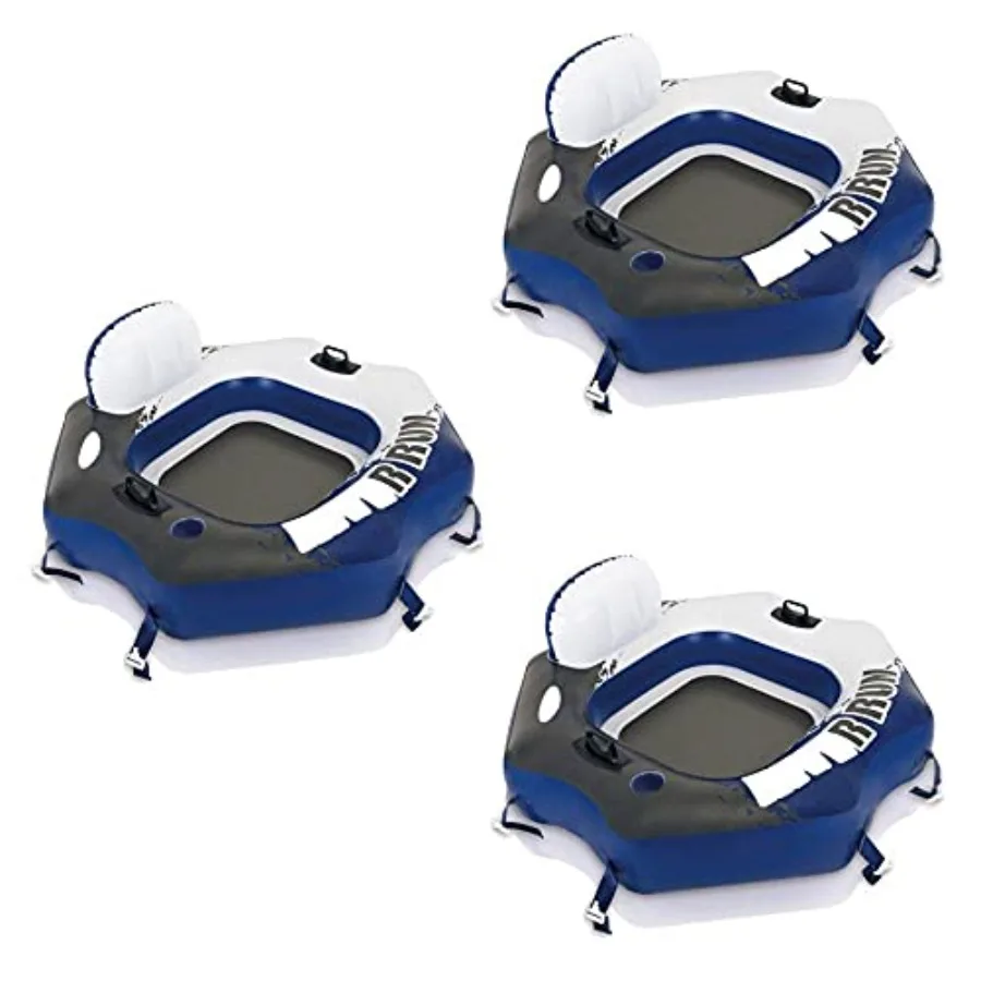 

River Run Connect inflatable floating lounge for pool use PVC material blue color comfortable backrest with cup holder and grab