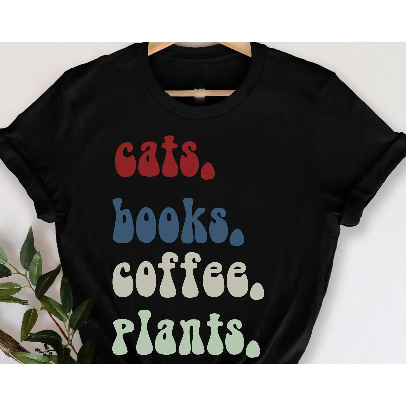 Cats Books Coffee Plants T Shirt Retro Funny For Cat Lover Bookworm Fan Plant Enthusiast Gardener  vintage Washed Unisex