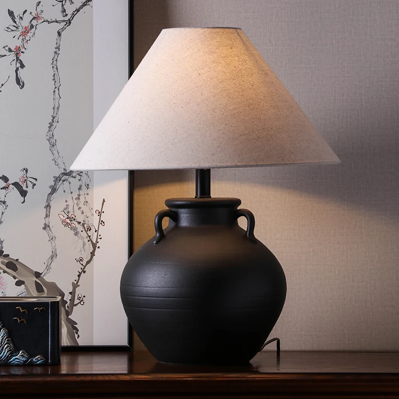 

New Chinese retro handmade pottery pot desk lamp bedroom bedside minimalist decorative lamp