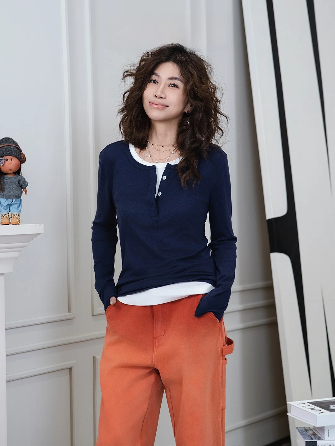 

Женская футболка Baatone Quiet Collar Commute Henry с длинным рукавом, стандартный крой, модная, весенняя коллекция, стандартная длина