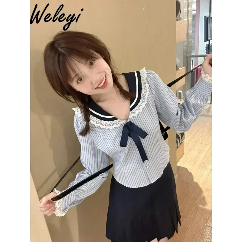 Woman Lolita Shirt 2024 Autumn Small Waist Controlled Long Sleeve Stripe College Style Lace Stitching Sailor Collar Blouses Top