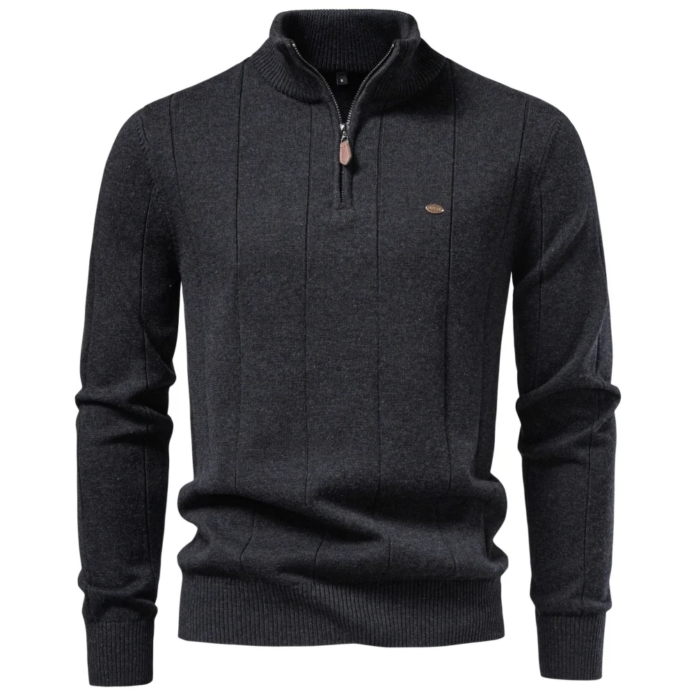 AIOPESON Herren Baumwolle Einfarbiger Casual Pullover mit Halbem Reißverschluss, Stehkragen, Gerippter Strickpullover, Herbst Winter Herren Langarm Slim Fit – Detail 7