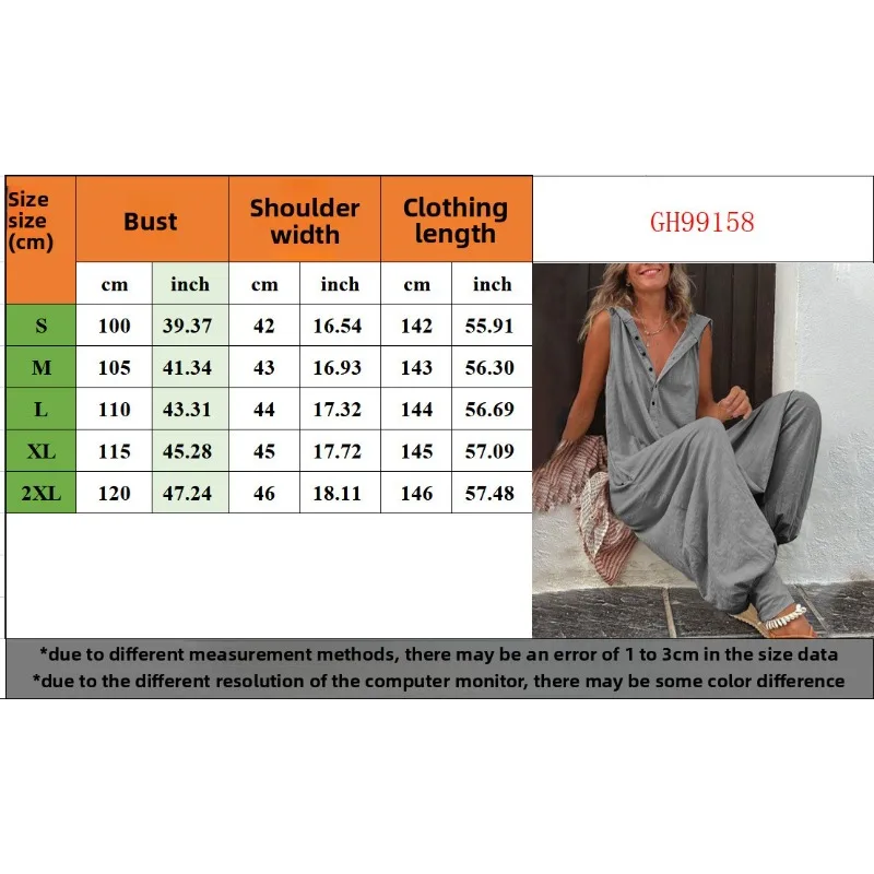 Hot Sale Women Solid Hooded Jumpsuit Button Sleeveless Loose Baggy Long Pants Romper view 2