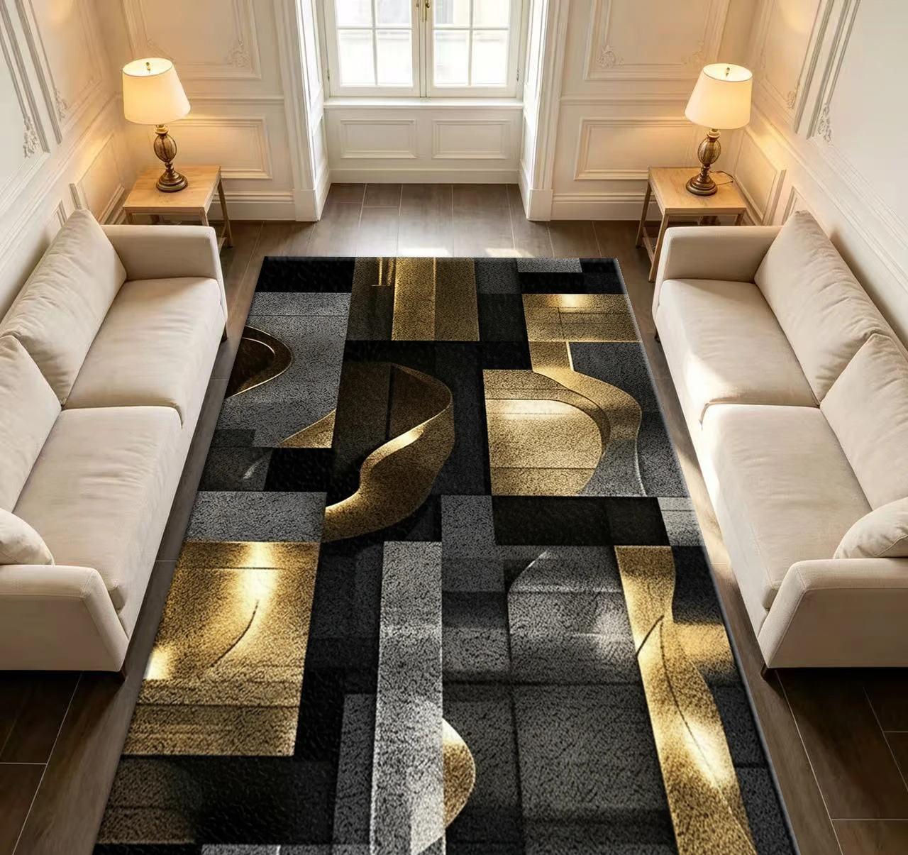 Luxury Black Gold 3D Geometric Abstract Carpet Modern Metal Texture Carpet Living Room Corridor Home Decoration