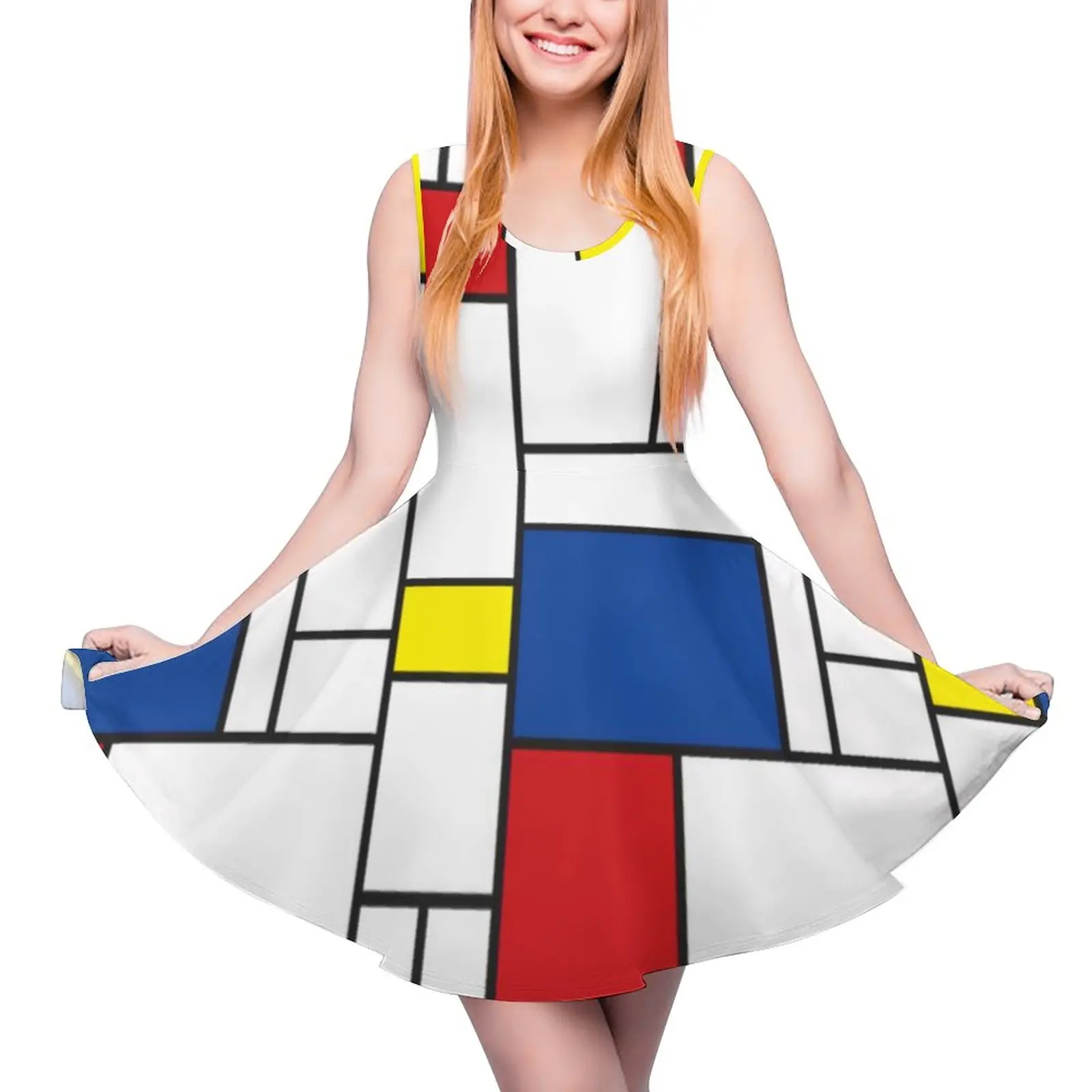 

Retro Mondrian Plaid Dress Mondrian Modern Art Elegant Dresses Sleeveless Aesthetic Big Size Skate Dress Ladies Graphic Clothes