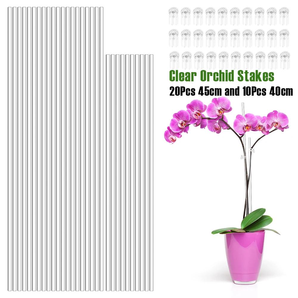 30Pcs Clear Orchid Stakes Acrylic Planting Sticks with 30 Clips 45cm and 40cm Planting Support Stake for Potted Flower Vegetable
