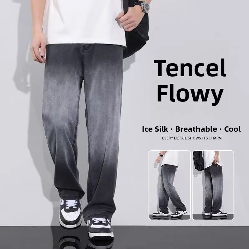 

New Summer Thin Ice Silk adient ey Men's Jeans Loose Fit Casual Long Trousers Youth Active Sle Daily Wear