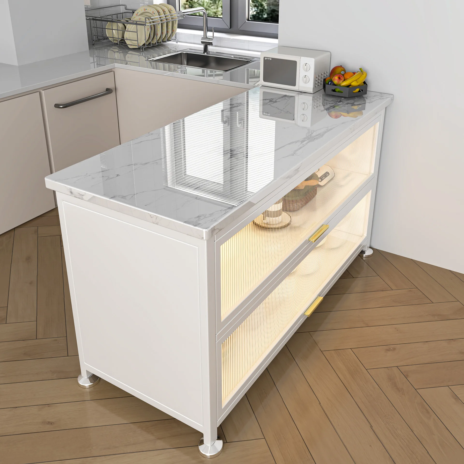 Kitchen rack rock slab multi-layer microwave oven side cabinet dust-proof multi-functional cupboard