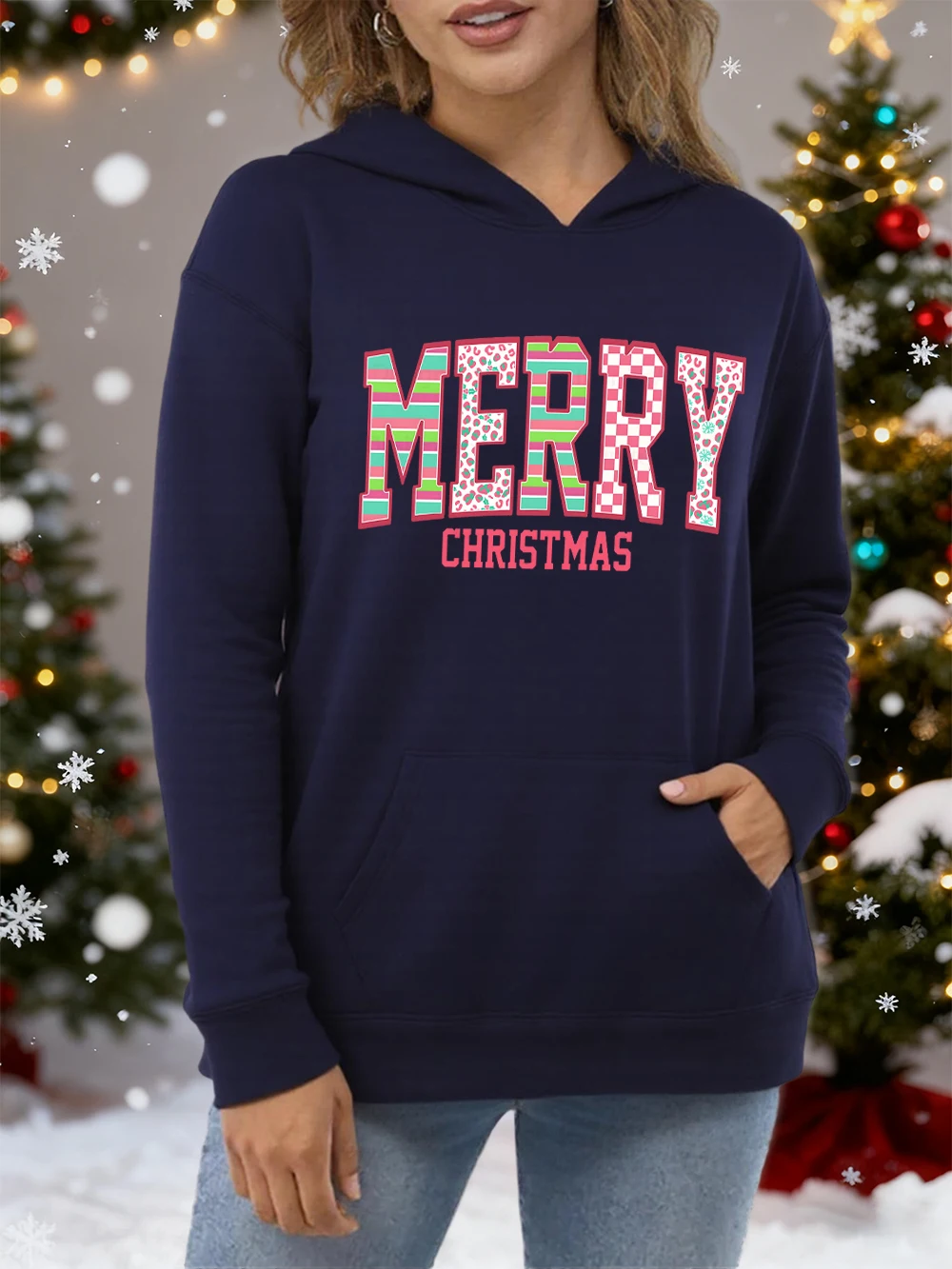 

Веселого Рождества, толстовки с принтом букв, женские карманные повседневные уличные одежды, осенний теплый женский пуловер, хлопковая свободная толстовка