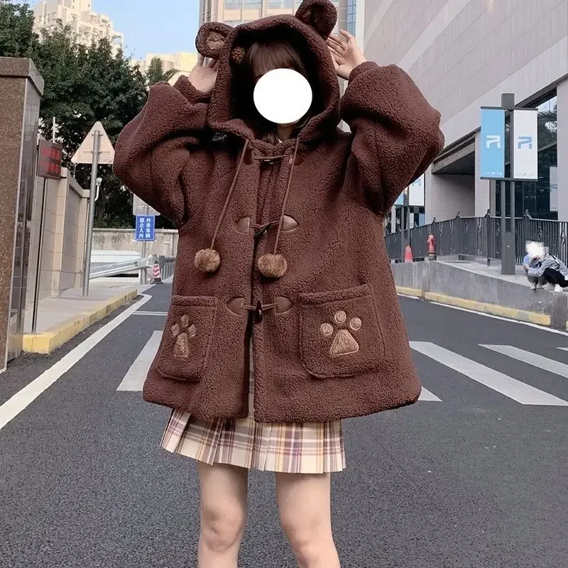 Imagem -05 - Cabolsa com Capuz Feminino Kawaii Panda Jaqueta Estilo Japonês lã de Cordeiro Parka Espessa Garra de Chapéu Universidade Faculdade Outono Inverno