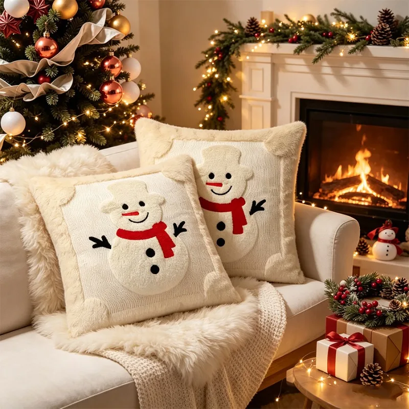 Christmas Snowman Christmas Tree Pillowcase Living Room Sofa Plush Embroidery Festive Atmosphere Decoration