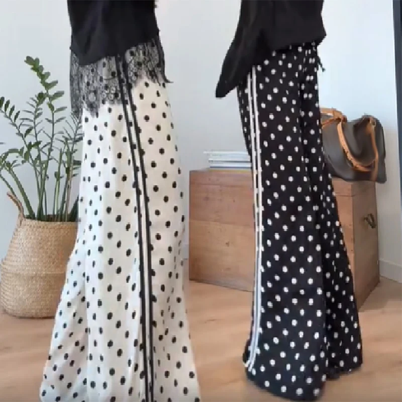 

Стильный комплект Lagenlook: кружевная футболка, топ, брюки в горошек и полоску с широкими штанинами, женский летний повседневный винтажный классический стильный наряд