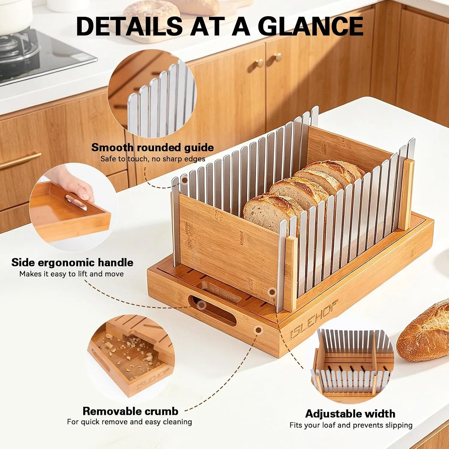 Bread Slicer for Homemade Bread – Steel Guides, Bamboo Crumb Tray | Manual Bread Slicer with 3 Adjustable Widths & Thicknesses,