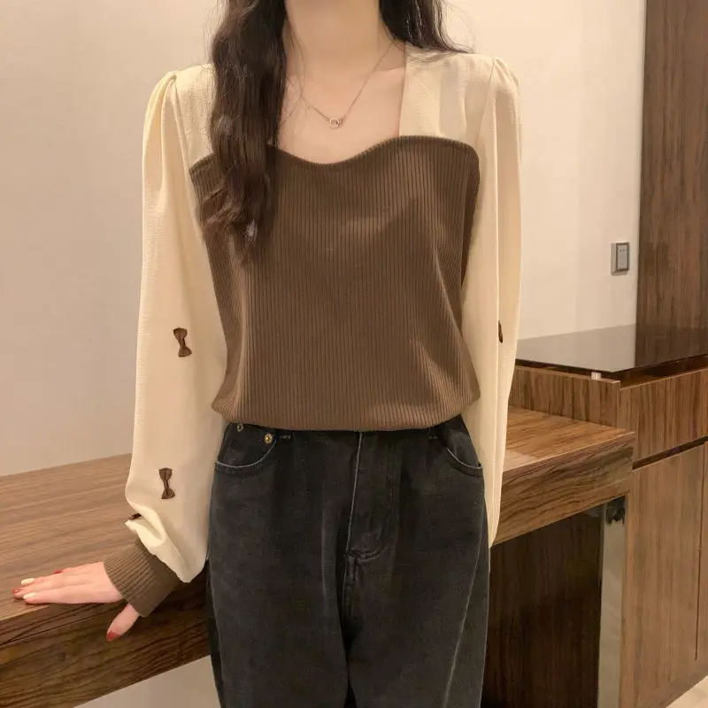 Korean Women Sweaters Patchwork Long Sleeve T-shirt Spring Autumn Square Collar Sweater Slim Fit Top Pullover Sweater Outer Wear