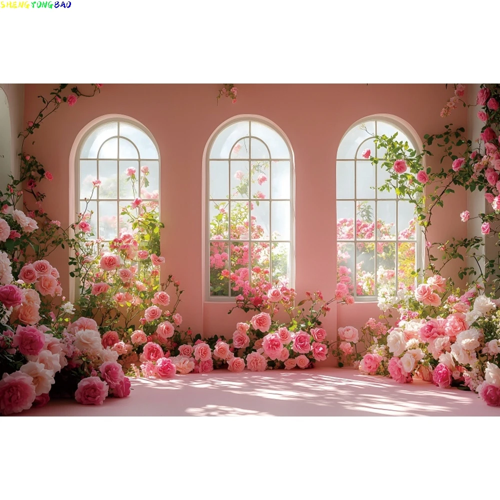

Spring Pink Flower Window Sunshine Wedding Backdrop for Photography Girl Birthday Party Romantic Bridal Shower Photo Background