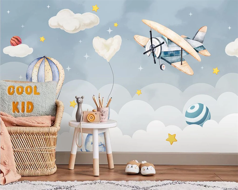 

beibehang Customized new modern Nordic hand-painted airplane pink clouds children's room background wallpaper papier peint