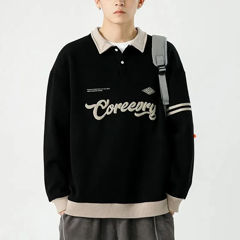 Men\'s Sweatshirts American Vintage Polo Shirt Men Preppy Lapel Couple Pullover Tops Street Color Matching Print Blockcore Jersey