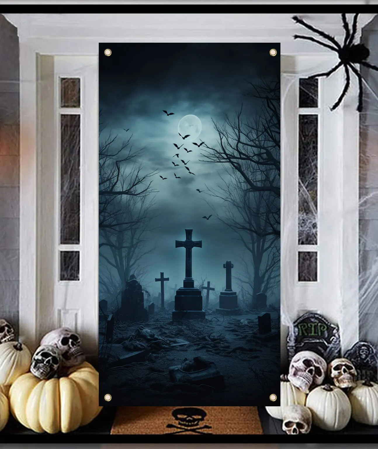 70 × 35 calowy Halloween transparent drzwi w pełni księżyca cmentary fotografia nietoperza zdjęcie pokrywa transparent dekoracje na Halloween