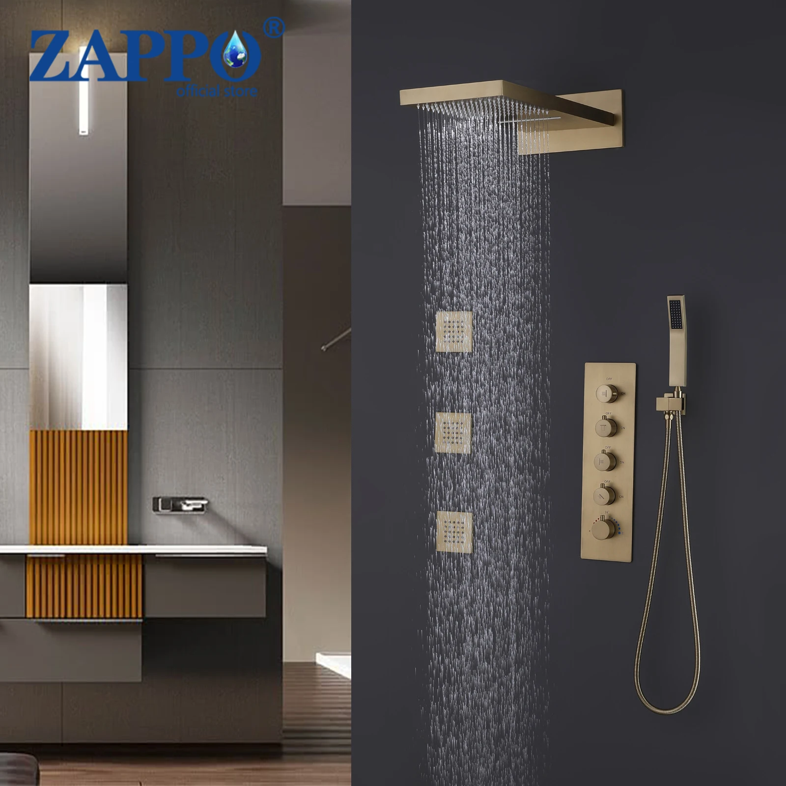 ZAPPO Thermostatic Rain Shower System Brushed Gold Wall Mount Shower Faucet Combo Set with Handheld Sprayer and Body Jets Brass