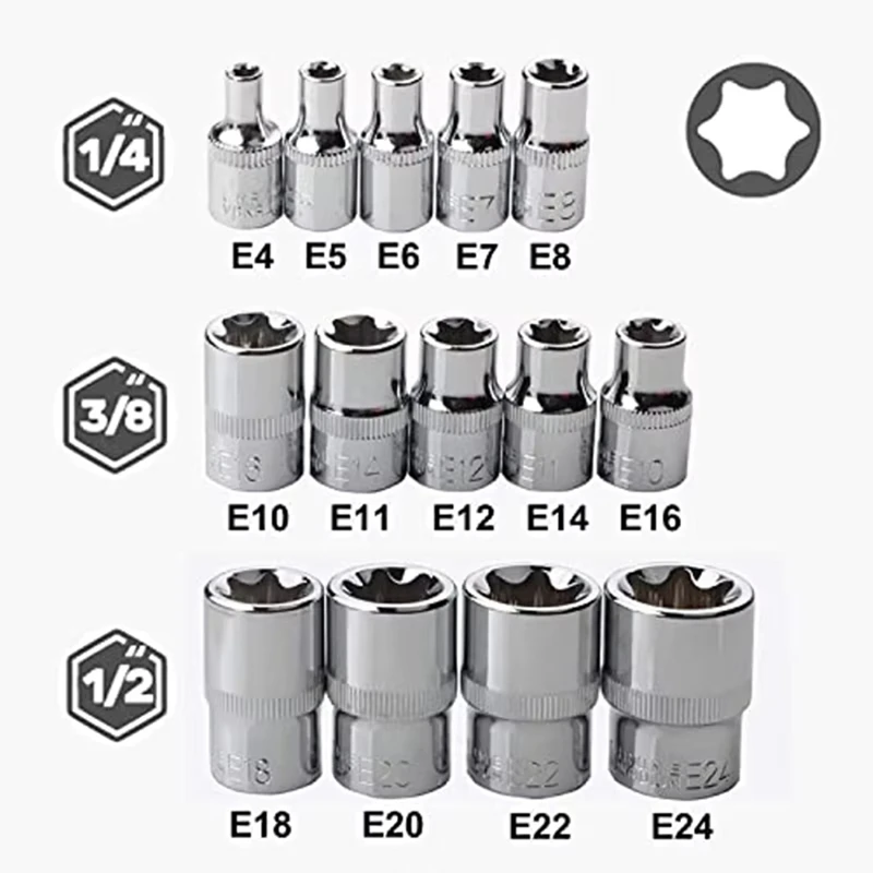 Juego de casquillos Torx hembra E Star de 14 Uds E4-E24 E-Torx tuerca de inserción de casquillo hexagonal externo-A22G
