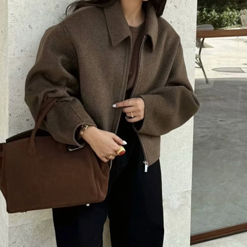 

Women Vintage Brown Zipper Jacket for Women Elegant Lapel Long Sleeve Short Coats Female Vintage Autumn Lady Street Outerwear