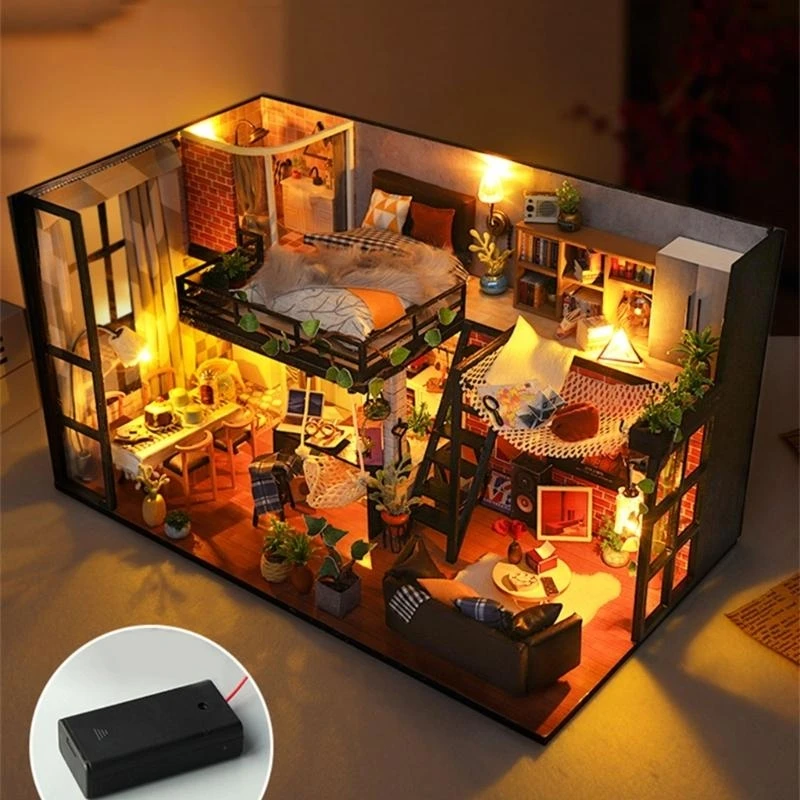 Kits miniatures bricolage, maisons poupée avec meubles, lumières Led, Mini maison avec couvercle anti-poussière, jouet à