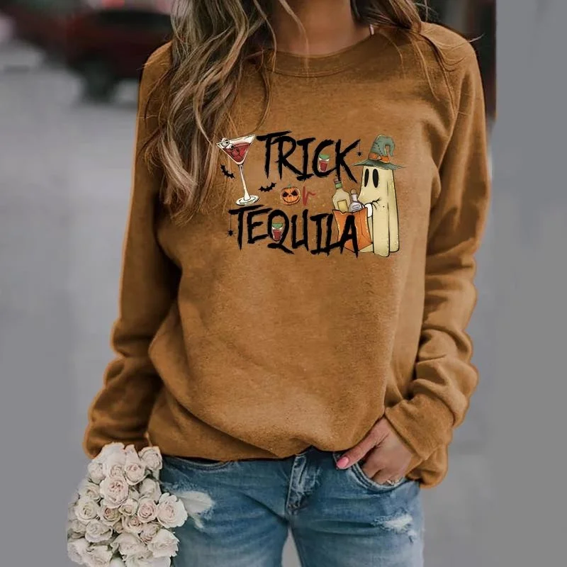 Women's Fashion Halloween Trick Tequila Wine Glass Print Crew Neck Sweater Casual Sports Outdoor Casual Long Sleeve Pullover