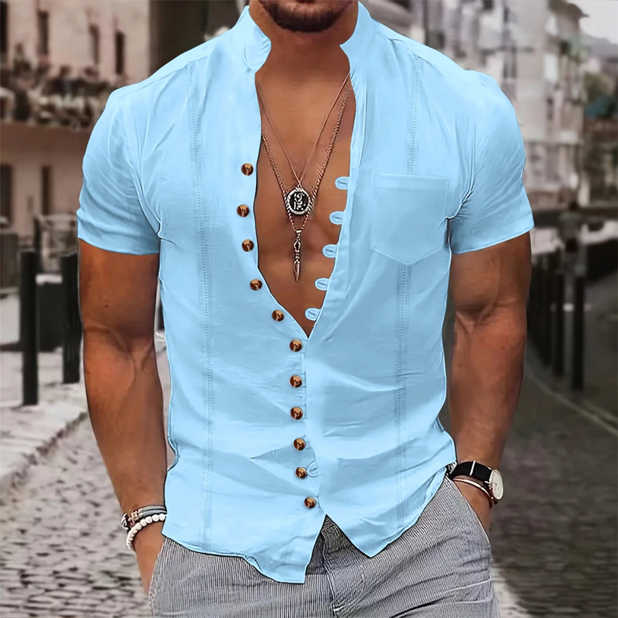 2024 summer Europe and the United States leisure men's vintage cotton hemp button-up collar short-sleeved shirt