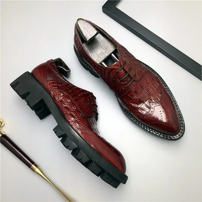 

Genuine Leather Shoes Men Business Dress thick sole pointed toe Brogue Lace Up Wedding oxford Shoe Formal Black Party Dress Shoe