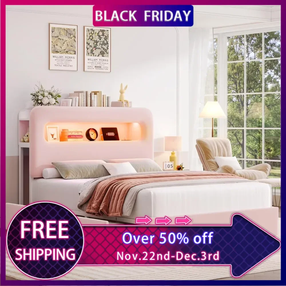 Full LED Bed Frame with Storage Headboard, Girls Bed Frame with USB Ports, Velvet Upholstered Platform Bed Frame with Bookcase