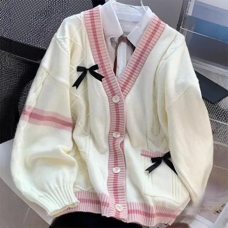 

Vintage Contrast Color V-Neck Tops Casual Sweet Bow Cardigan Woman Autumn Winter Japanese Classic Preppy Style Knitted Coats