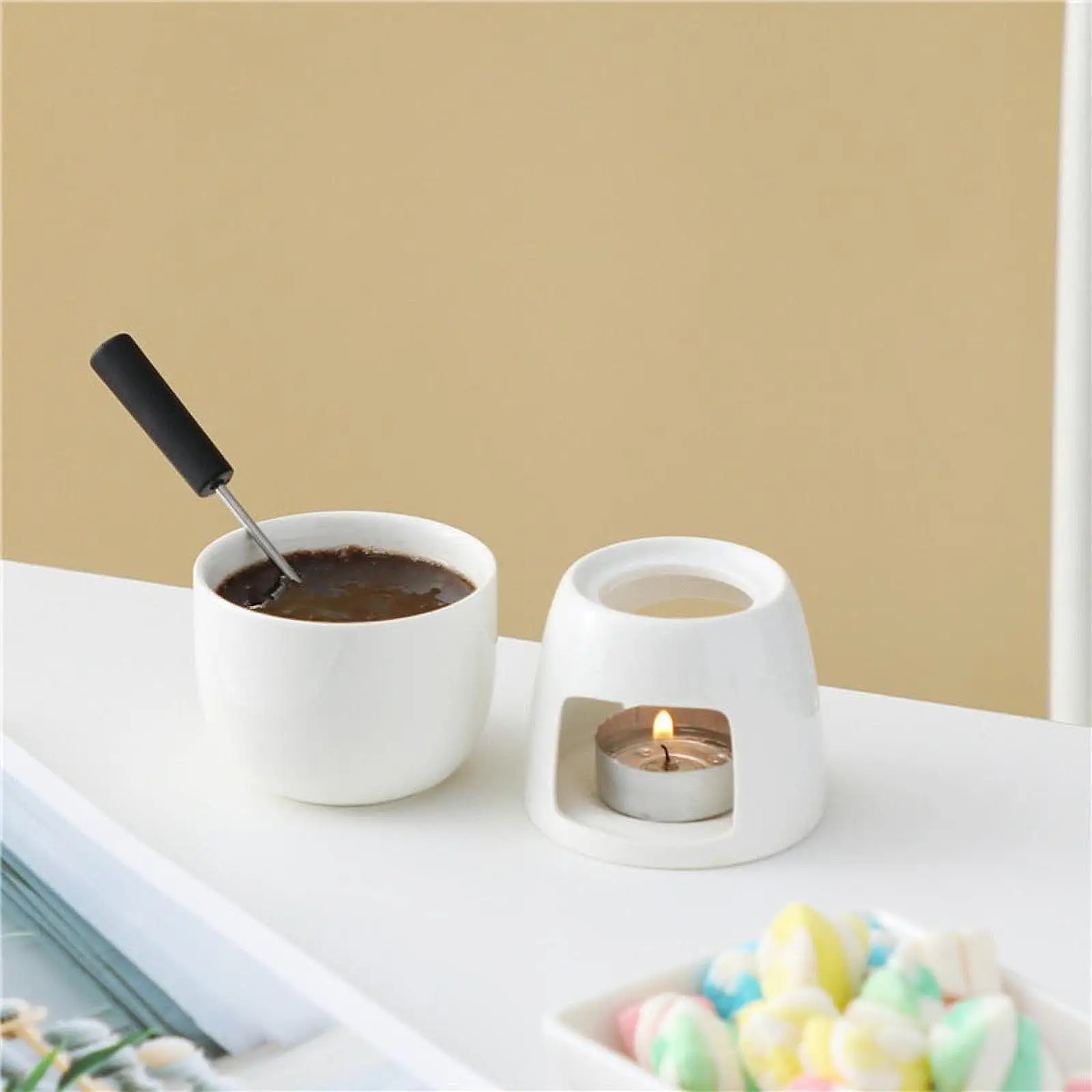 Ceramic Chocolate Fondue Pot Tea Light Porcelain Melting Pot Butter Warmer for Kitchen Candy Dessert Caramel Appliances