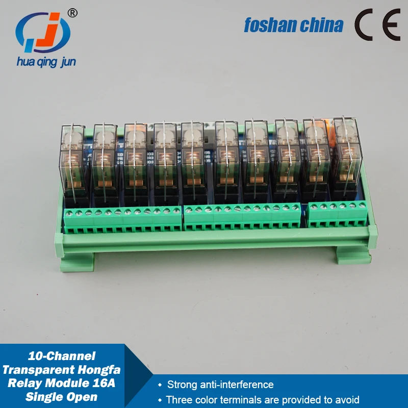 Huaqingjun 10-Channel Transparent Single Open Hongfa Relay Module QJ-10HDE-24V DC24V 16A Electromagnetic Relays for PLC