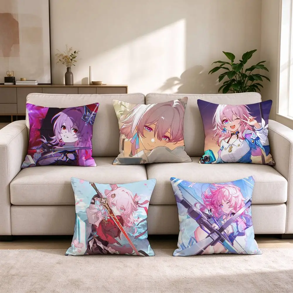 M-March 7th Honkai Star Rai  Pillow Case Square Double-Sided Sofa Cushion Cover Bedroom Bedside Pillow