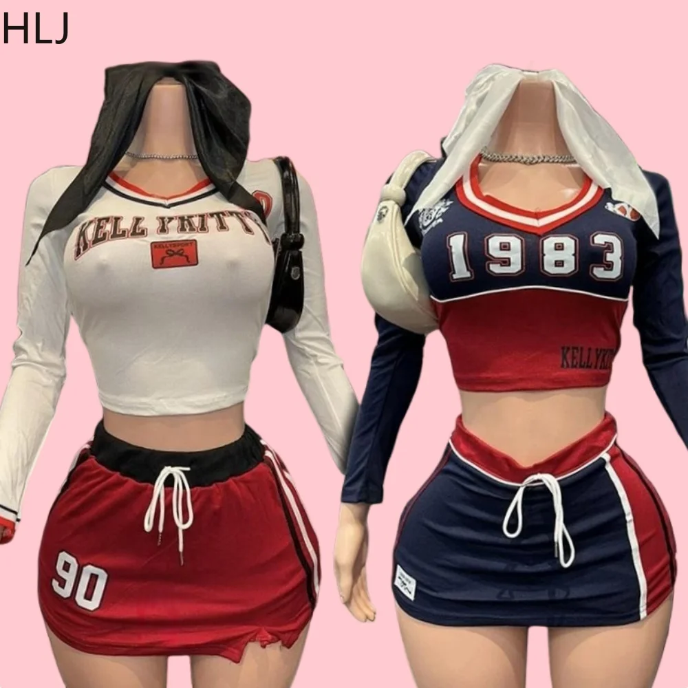 HLJ American Vintage Y2K Letter Print Two Piece Sets Women Long Sleeve Slim Crop Top And Mini Skirts Outfits Fashion Streetwear