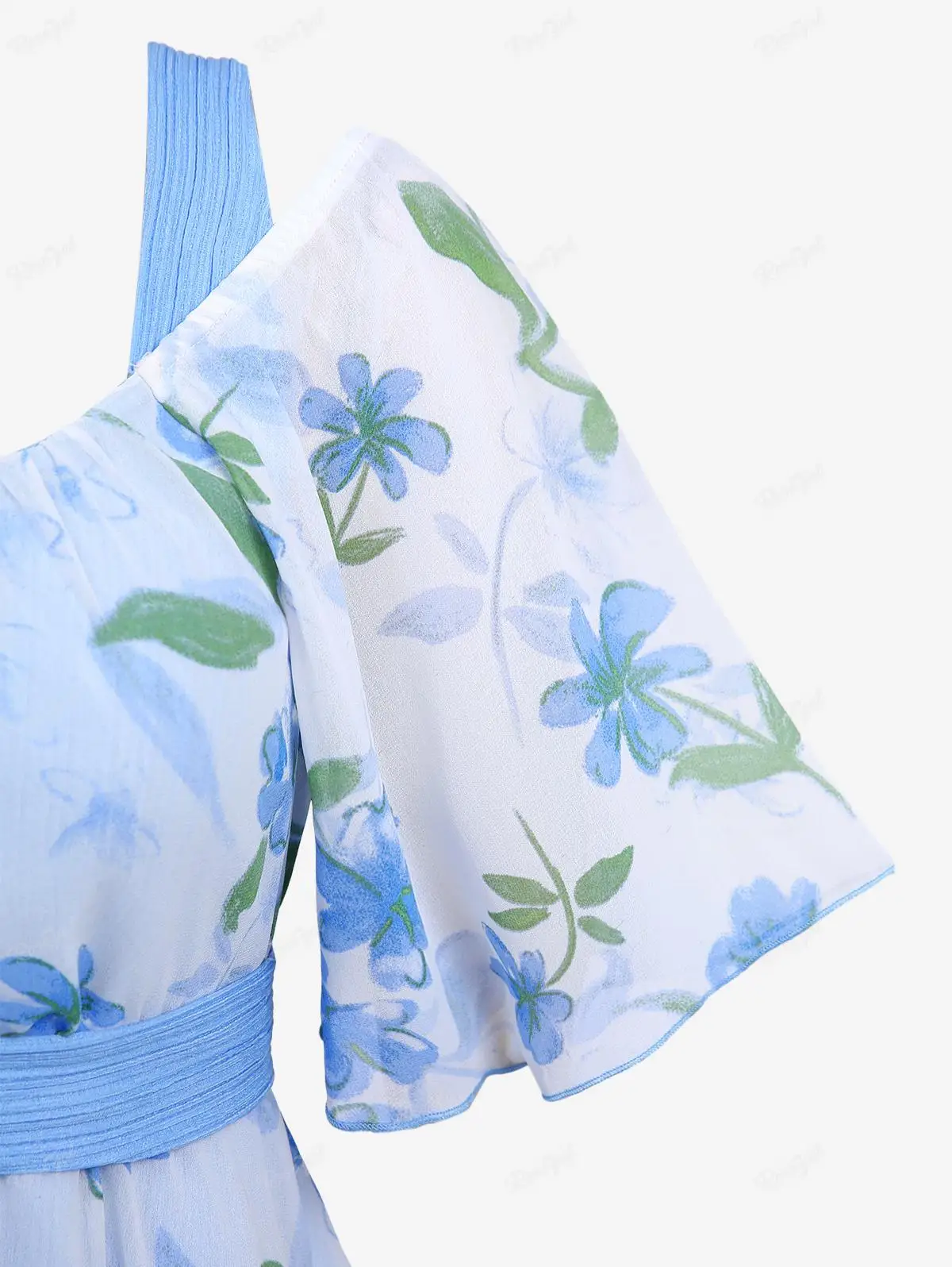 ROSEGAL-Top de gasa con hombros descubiertos, camiseta con cinturón, mangas acampanadas azules, estampado de hojas de flores, hebilla fruncida con purpurina, talla grande