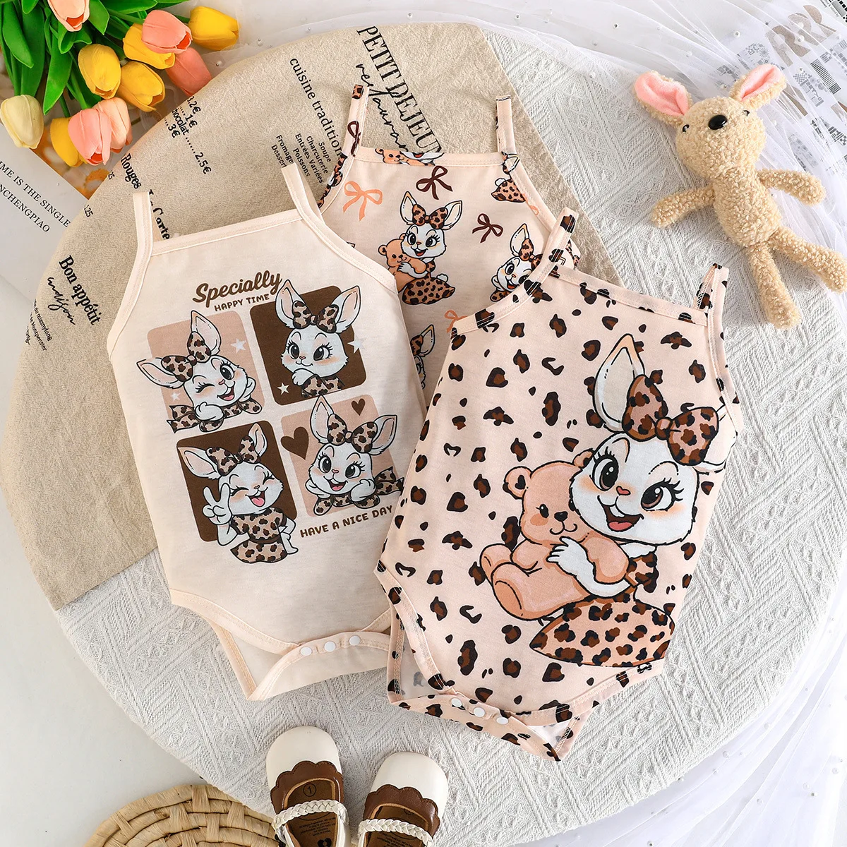 3pcs Newborn Baby Sling Romper Leopard Bunny Print Bodysuit Infant Girl Summer Sleeveless Casual Outfit Beach Holiday Wear ZYD47