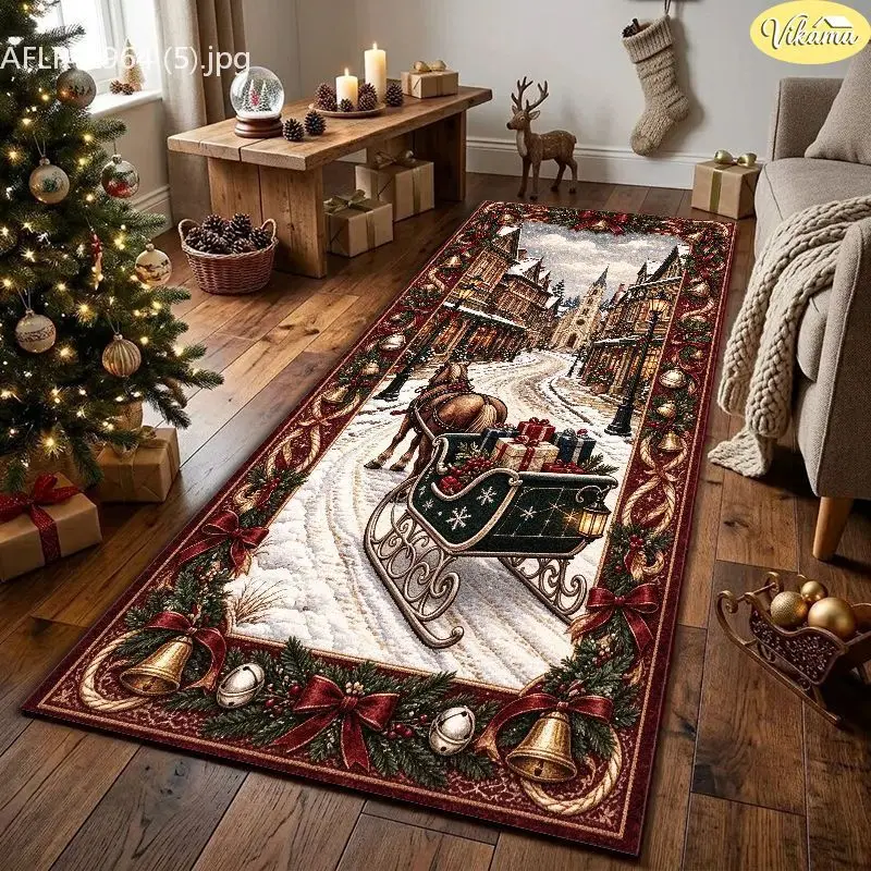 VIKAMA Christmas Hallway Runner Horse Sleigh Bells Long Rug For Kitchen Corridor Entryway Carpet Non Slip Winter Home Decor