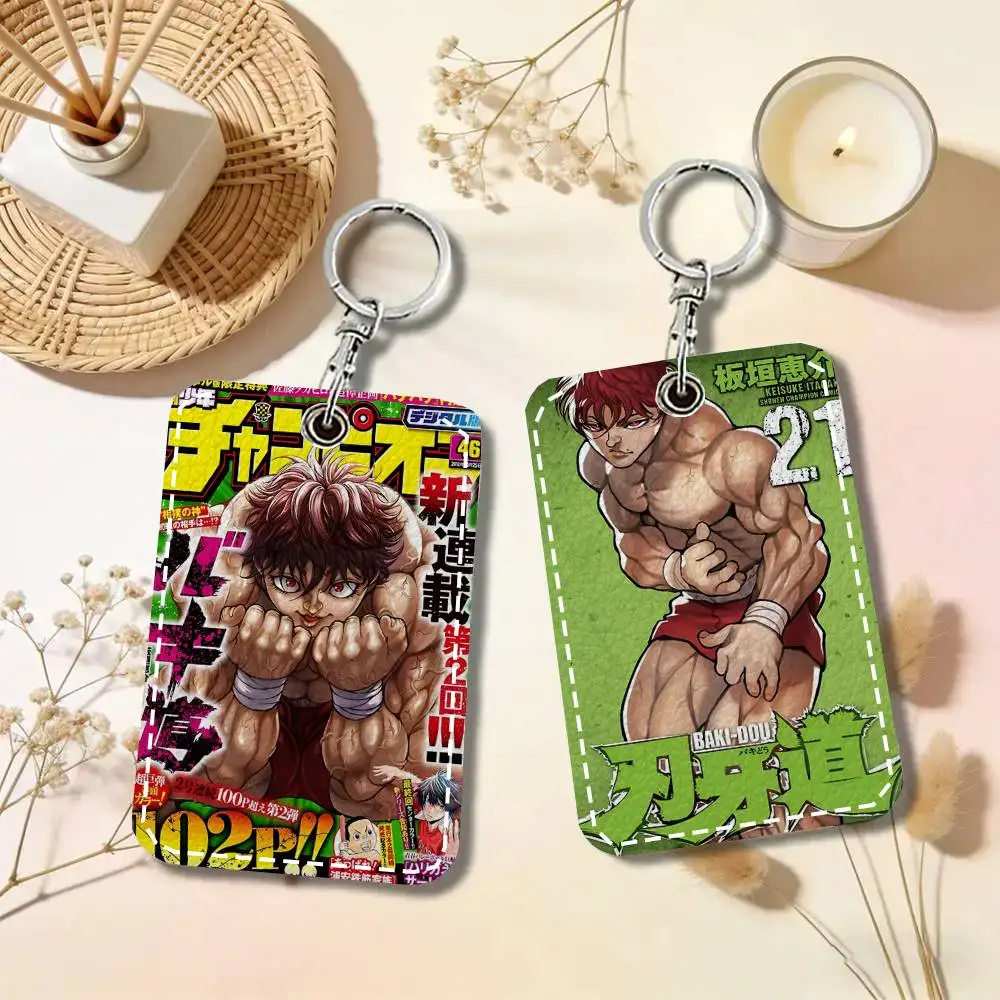 Japanese Anime Baki Hanma Comics Card Case Keychain Access Card Bag Key Tag Ring Leather Card Holder Key Ring Access