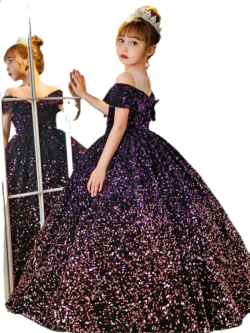 Children\'s dress Princess dress 2024 Spring girls runway show flower children pompadour yarn host piano dress