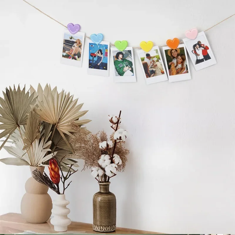 Clip de fotos de cuerda de cáñamo para decoración del hogar, abrazadera colgante de pared para fiesta de boda, papelería en forma de corazón, bricolaje, 6 piezas