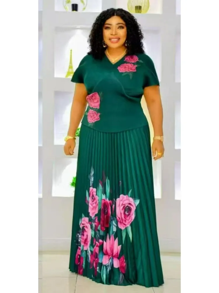 Miyake African V-neck Pleated Short-sleeved Printed Elegant Loose Suit Fashion Top + Pleated Long Skirt Women's Two-piece Set