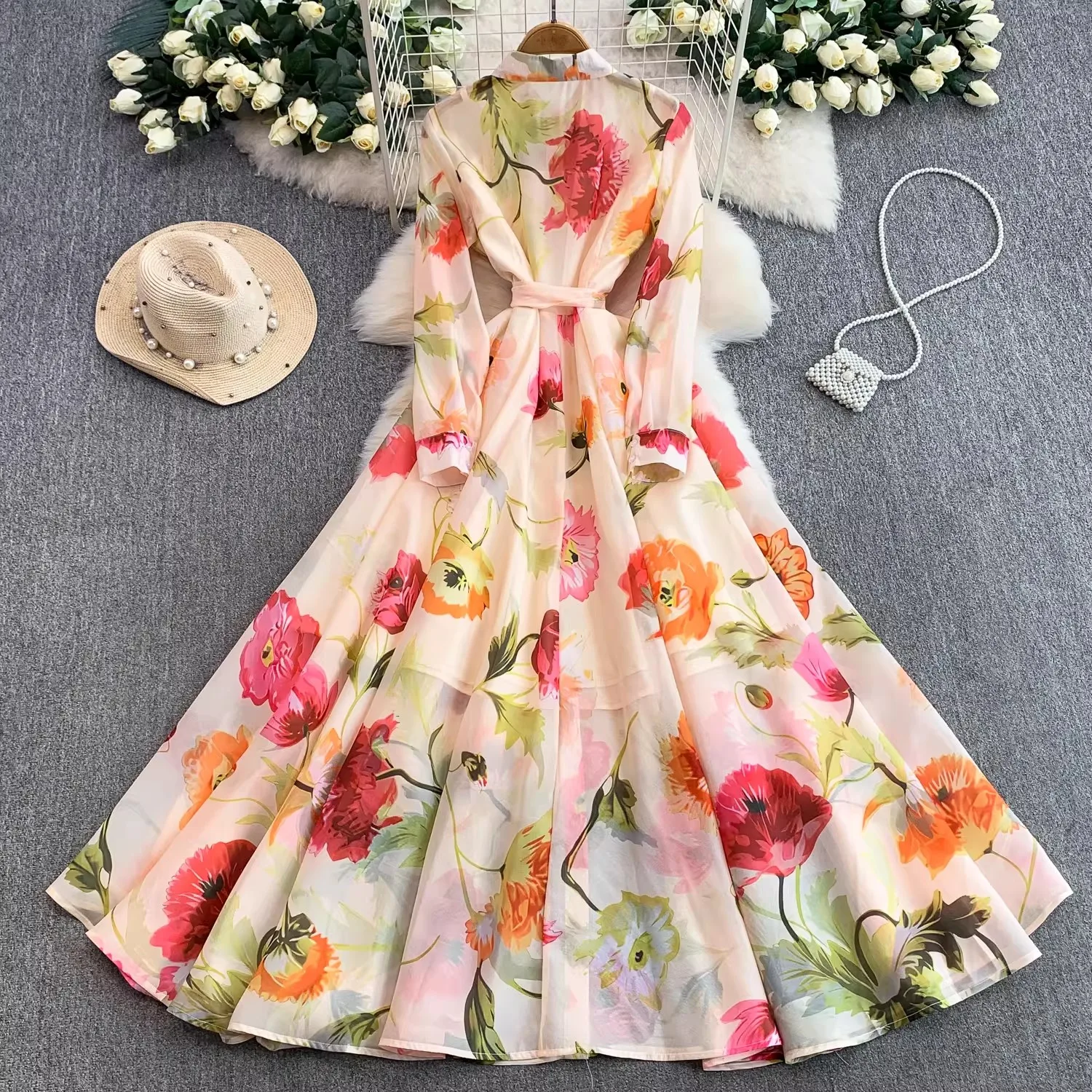 

Elegant Women's Long Sleeve Maxi Dress Vintage Boho Floral Print Spring Summer Holiday Party Dress with Sashes