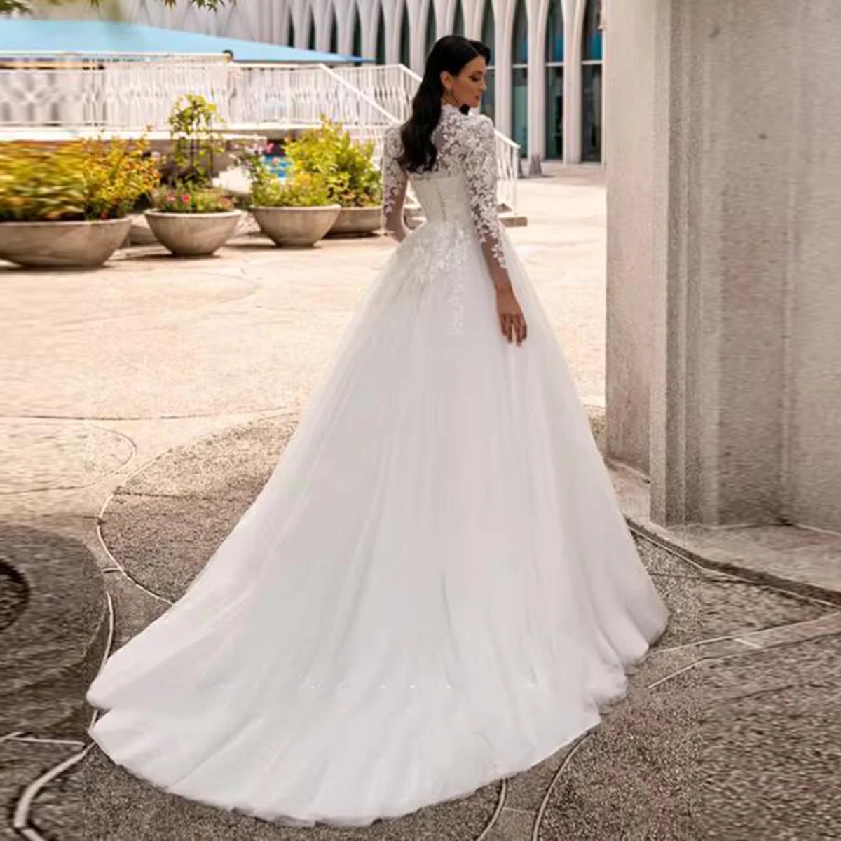 エレガントなレースアップリケボヘミアンウェディングドレス花嫁のための長袖ハイネックAラインブライダルガウンカスタマイズされたローブデマリー2025