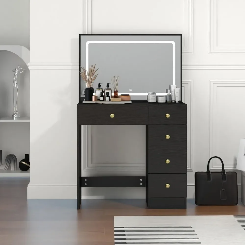 Makeup Table, With Large Bright Mirrors, 5 Drawers, Dressing Table With Power Socket, 3 Colors Of Lighting Mode Dressing Table image 6
